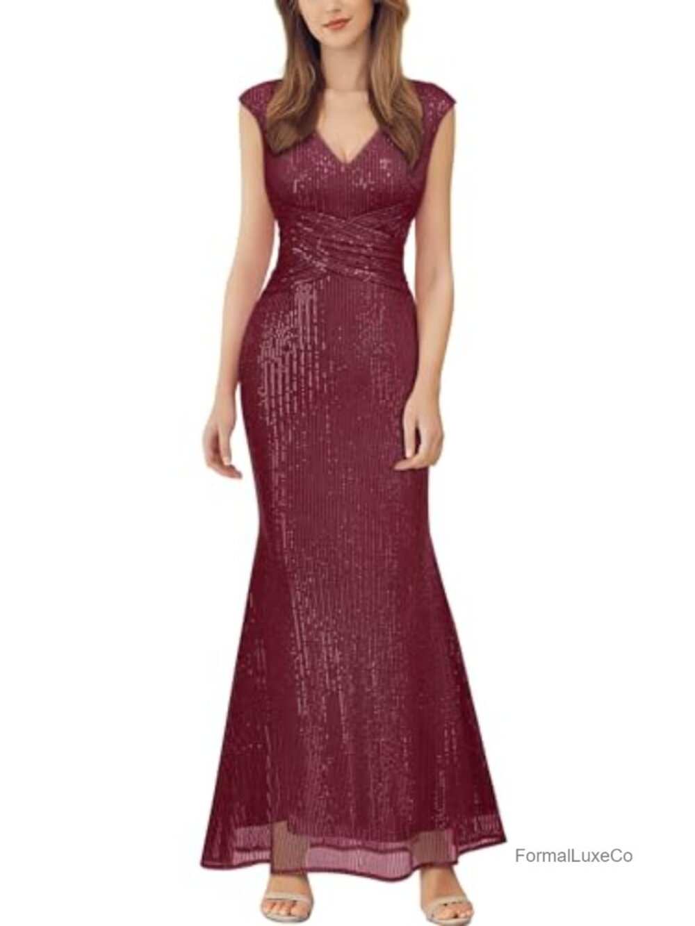 Miusol V-Neck Sequin Ruched Cocktail Party Long Dress Cap Sleeve